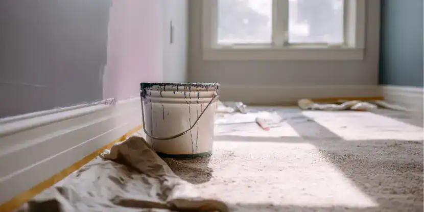 A bucket of paint sits on painting tarp