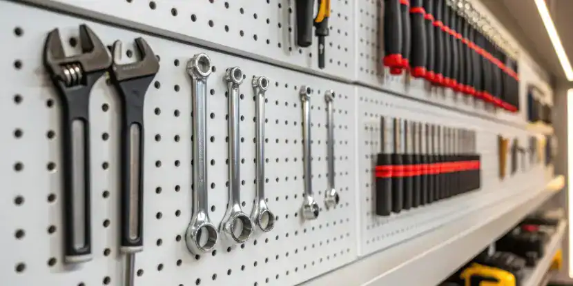 Tools neatly organized on a pegboard