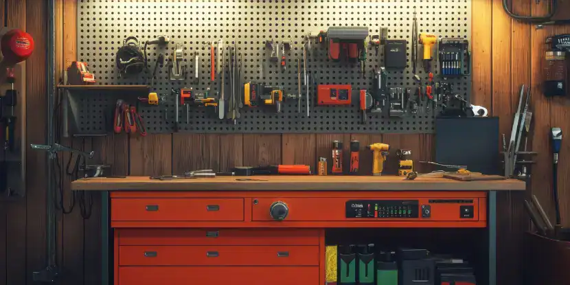 A metal pegboard with power tools