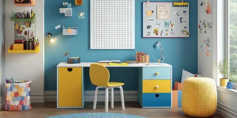 A child's room with a pegboard