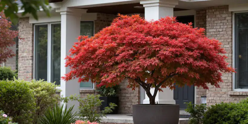 A Japanese maple with crimson foliage