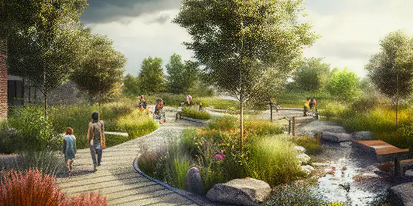 An illustration of a public park with rainwater collection features