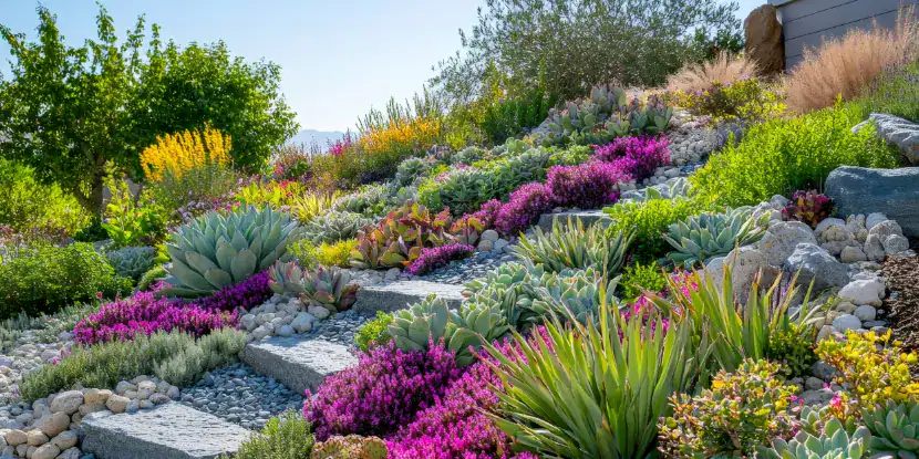 A xeriscaped hillside