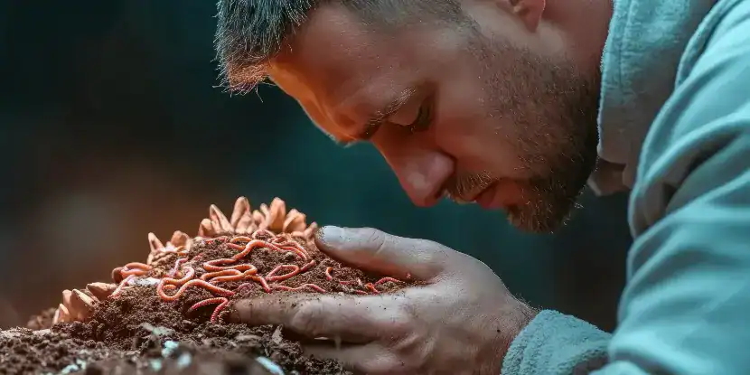 A man holds soil laden with worms