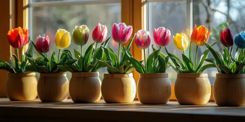 Potted tulips on a windowsill