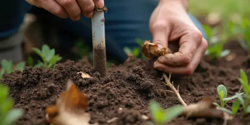 A farmer tests the soil for health