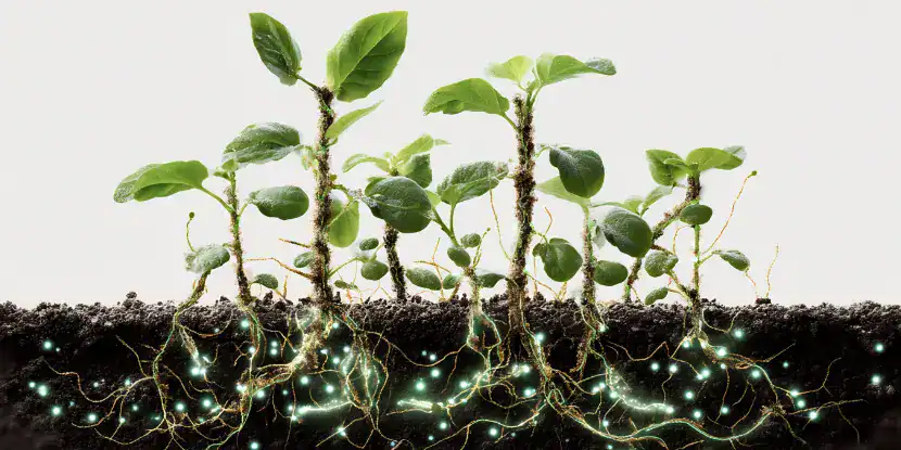 Artistic representation of microbe interactions with plant roots
