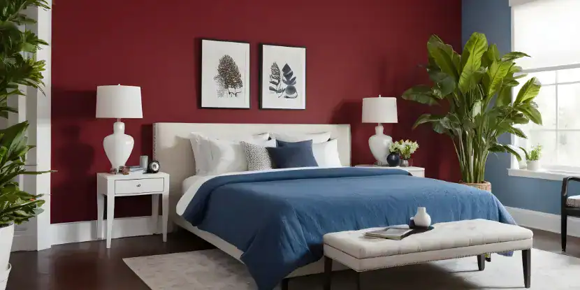 A bedroom with a burgundy wall