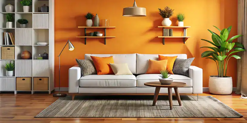 A living room with a bold orange wall
