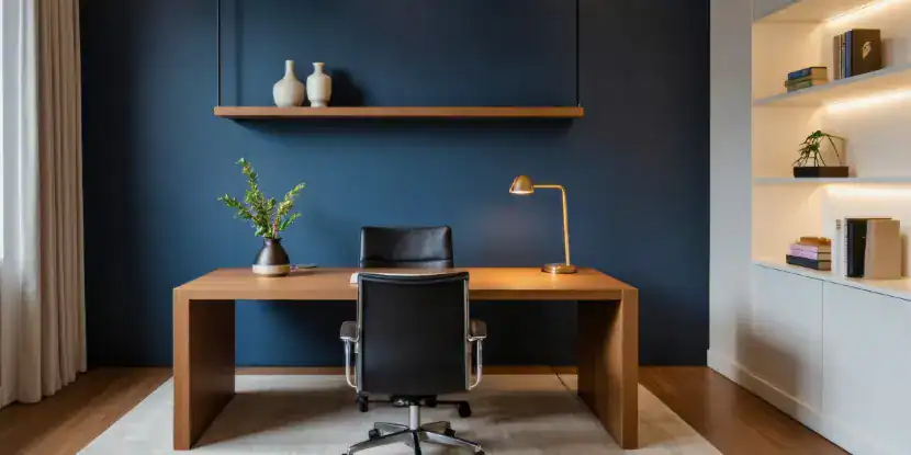A study with a navy blue wall