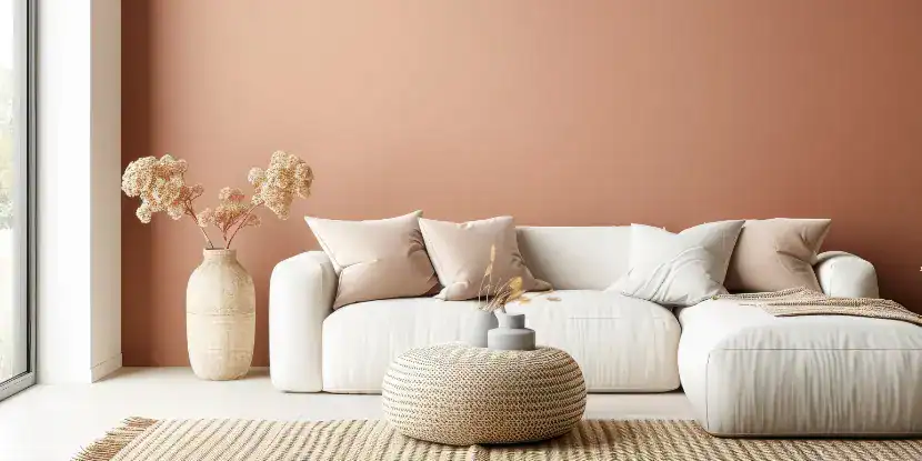 A living room with a terracotta-colored wall