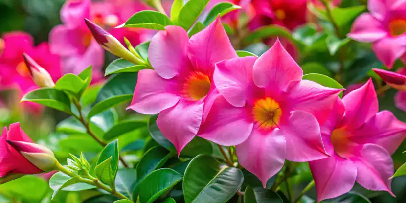 Pink mandevilla blooms