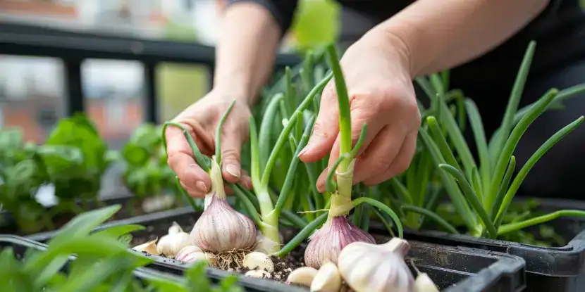 A gardener fusses with garlic plants