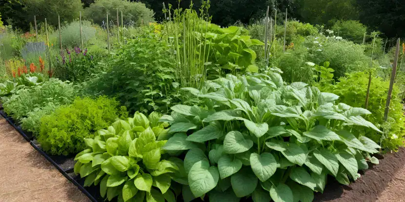 A densely planted permaculture garden