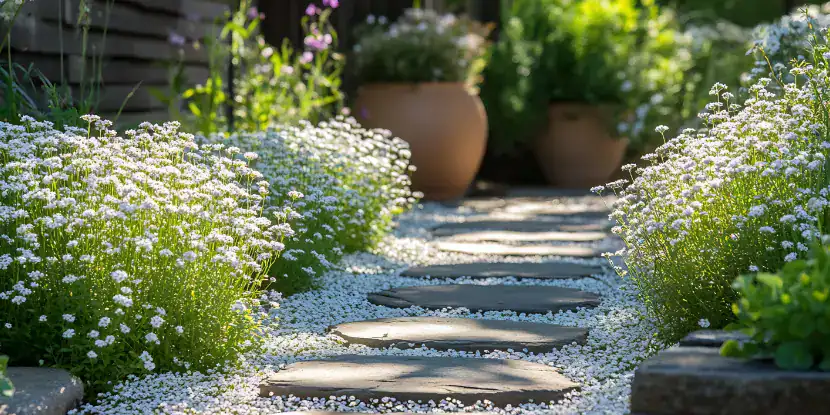 Alyssum flowers lining a walkway
