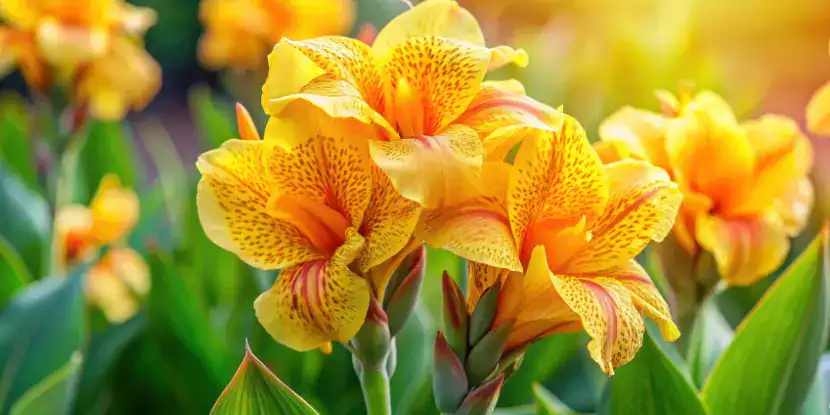 Lemon Punch canna lilies in a field.