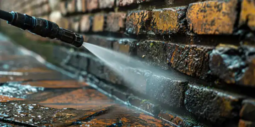 Power washing brightens a brick wall