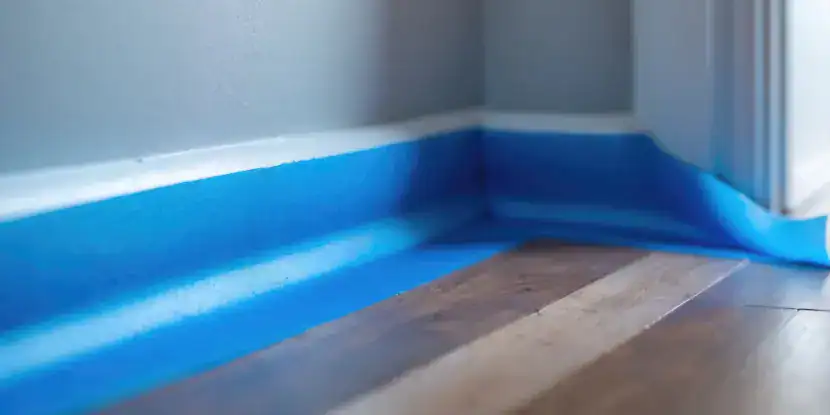 Blue painter's tape along baseboard ready for wall painting.
