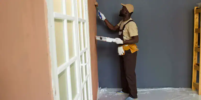 A man paints a wall brown