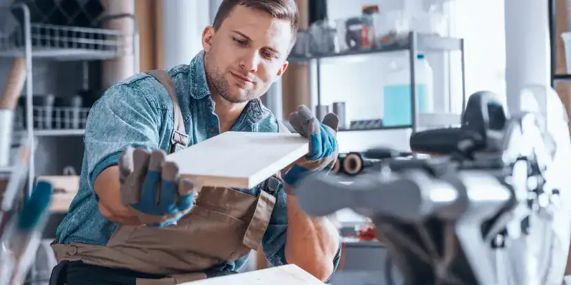 A woodworker examines a power-planed board
