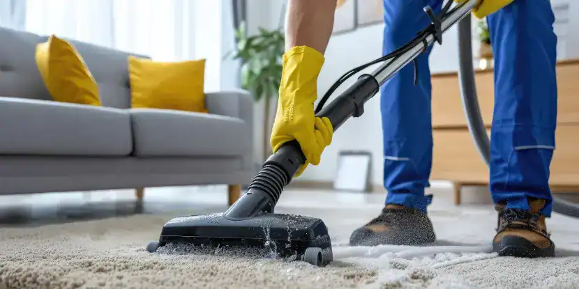 A man works a cleaning solution into thick carpet