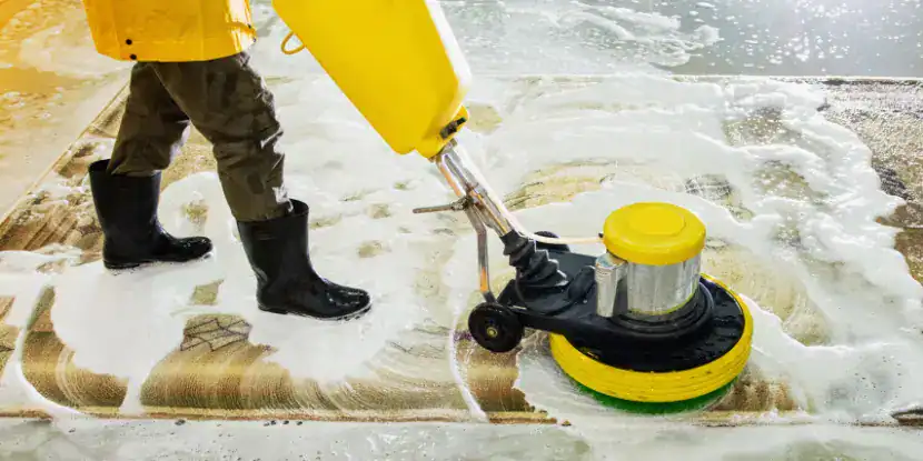 A worker uses a professional carpet cleaner to deep clean a rug
