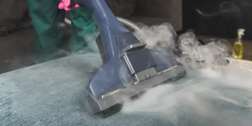 A steam cleaner sanitizes a couch