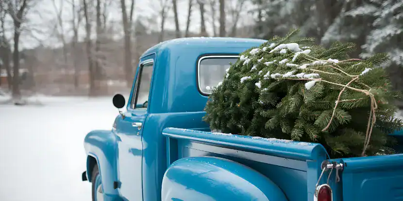 A Christmas tree in the bed of a vintage truck