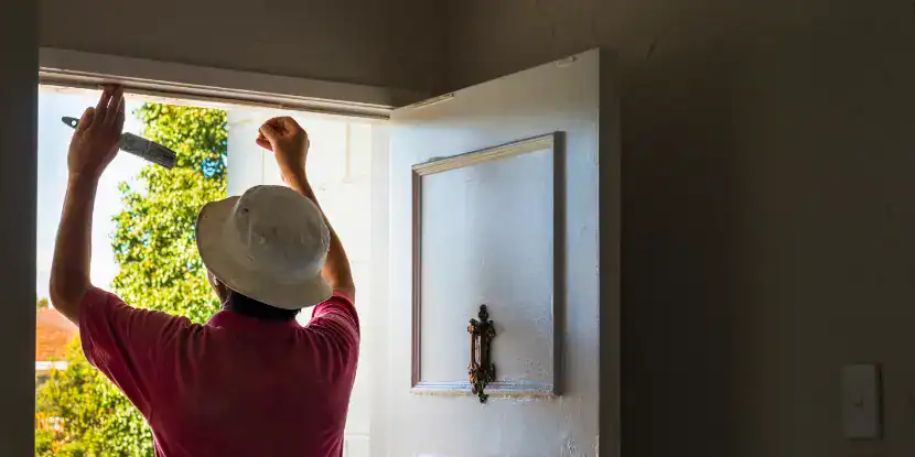 A homeowner installs weather stripping in a door frame