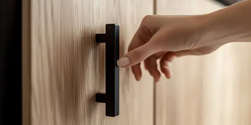 A woman closes a kitchen cabinet