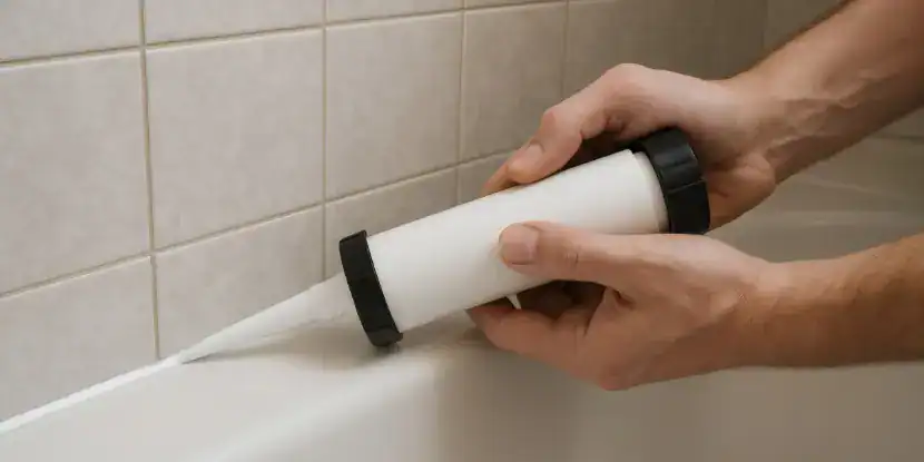 A man caulks a bathtub