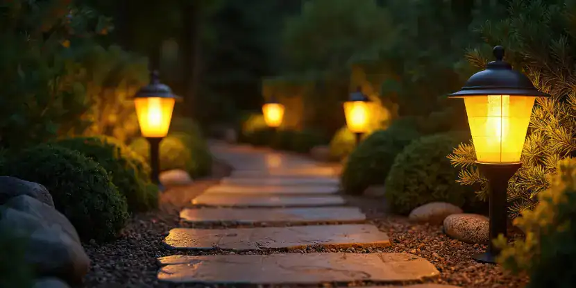 Solar lamps illuminate a pathway at night.