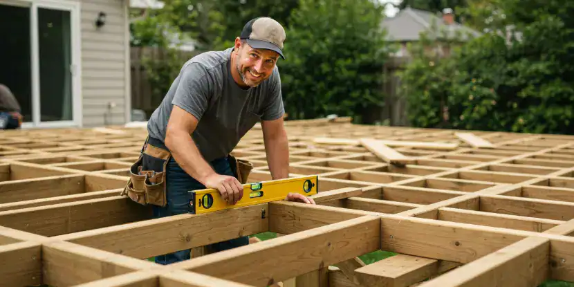 A carpenter builds a support structure