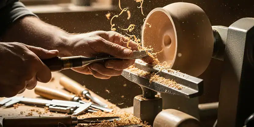 A man shapes a bowl on a lathe