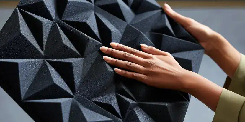 A woman handles a foam sound absorption panel