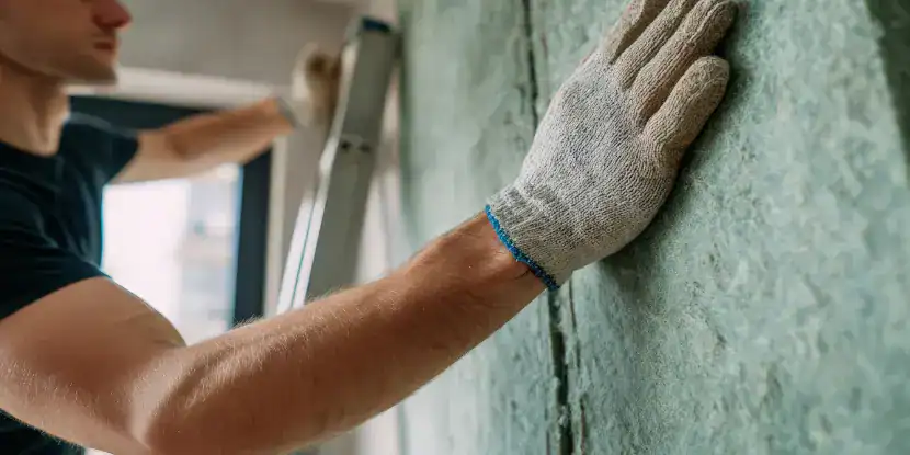 A worker installs an acoustic insulation panel on a wall
