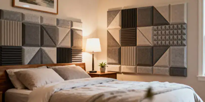 A bedroom lined with decorative sound absorption panels