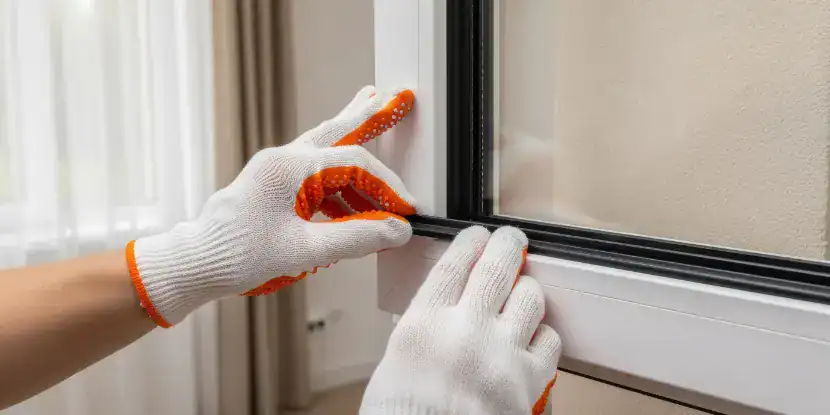 A homeowner applies weatherstripping to a window.