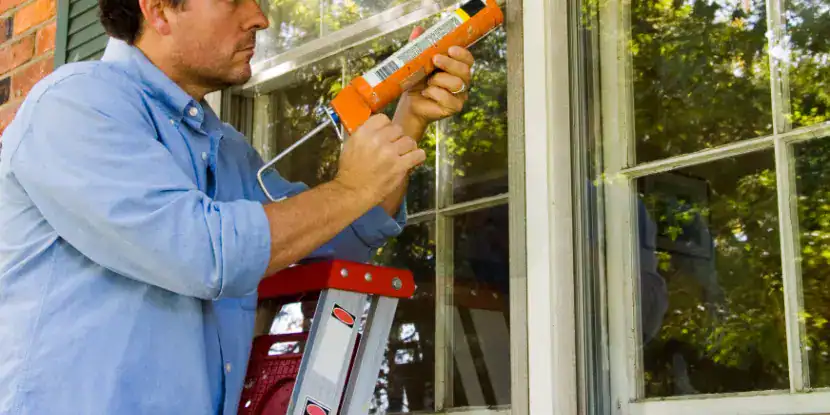 A homeowner caulks the exterior of a window