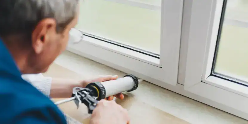 A worker caulks the interior of a double pane window