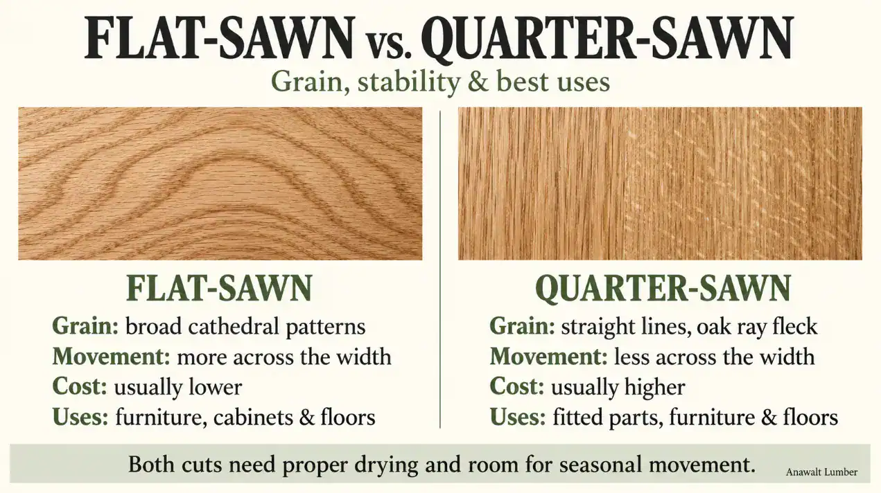 Flat-Sawn vs. Quarter-Sawn Lumber: Stability, Grain, and Best Uses